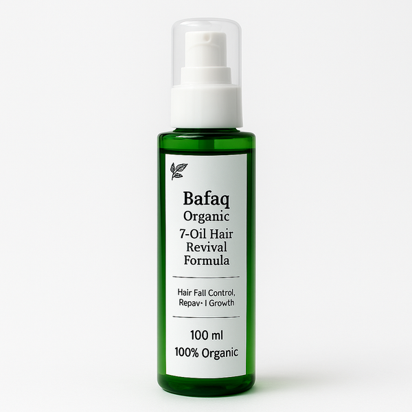 alt="Bafaq Organic Hair Oil front view – 7 essential oils for hair growth and thickness in Pakistan"

